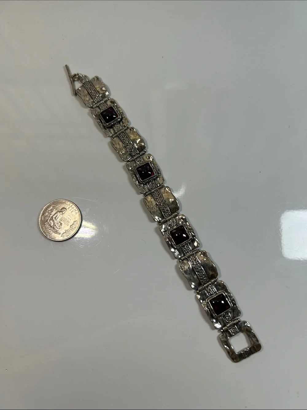 NWT Passage To Israel Hammered Panel Link Genuine Garnet Gemstone Bracelet